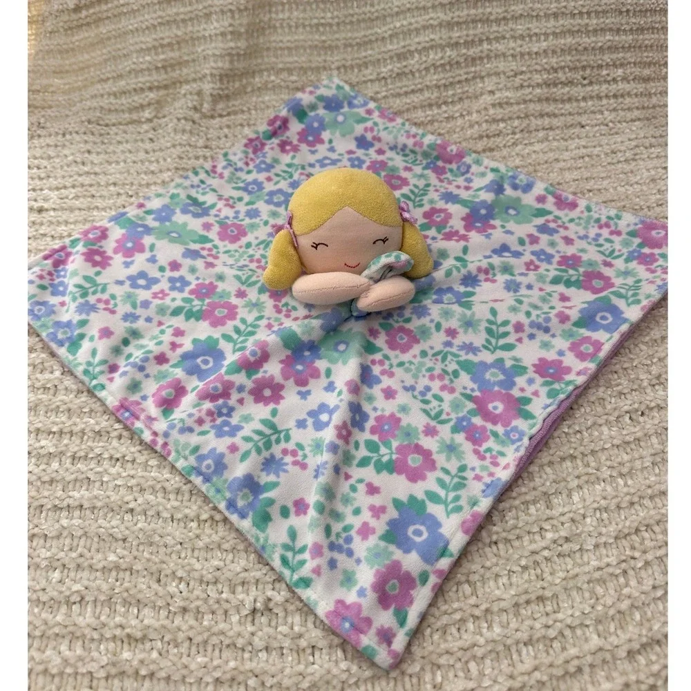 Carters Plush Lovey Blonde Doll Security Blanket Floral Purple Pink Kids 14in‎